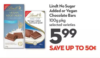 Longo's Lindt no sugar added or vegan chocolate bars offer