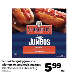 Real Canadian Superstore Schneiders juicy jumbos wieners or smoked sausages offer