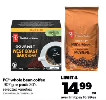 Real Canadian Superstore Pc whole bean coffee or pods offer