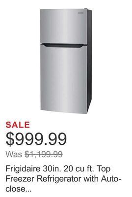 Costco Frigidaire 30in. 20 cu ft. top freezer refrigerator with auto-close doors offer