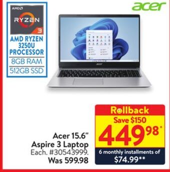 Walmart Acer 15.6" aspire 3 laptop offer