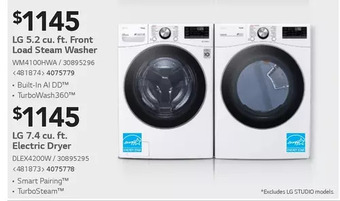 Lowe's Lg 5.2 cu. ft. front load steam washer | 7.4 cu. ft. electric dryer offer