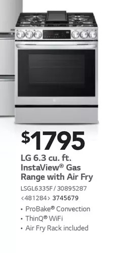Lowe's Lg 6.3 cu. ft. instaview gas range with air fry offer