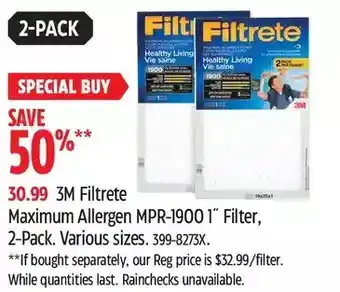 Canadian Tire 3m filtrete maximum allergn mpr-1900 1" filter, 2-pack offer
