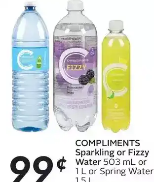 Sobeys Compliments sparkling or fizzy water or big 8 spring water offer