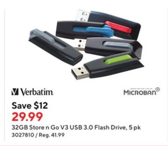 Staples Verbatim 32gb store n go v3 usb 3.0 flash drive, 5 pk offer