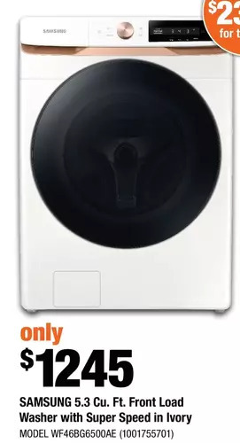 Home Depot Samsung 5.3 cu. ft. front load washer with super speed in ivory offer