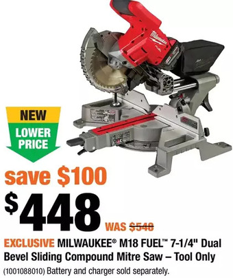 Home Depot Milwaukee m18 fuel 7-1/4" dual bevel sliding compound mitre saw - tool only offer