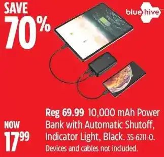 Canadian Tire Blue hive 10,000 mah power bank with automatic shutoff, indicator light, black offer