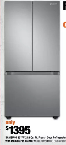 Home Depot Samsung 30" w 21.8 cu. ft. french door refrigerator with icemaker in freezer offer