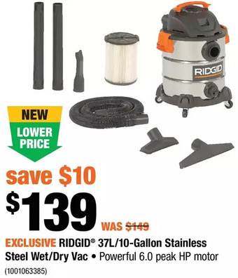Home Depot Ridgid 37l/10-gallon stainless steel wet/dry vac offer