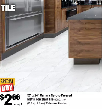 Home Depot 12" x 24" carrara nevoso pressed matte porcelain tile offer