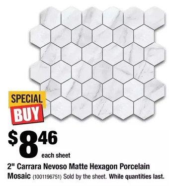 Home Depot 2" carrara nevoso matte hexagon porcelain mosaic offer