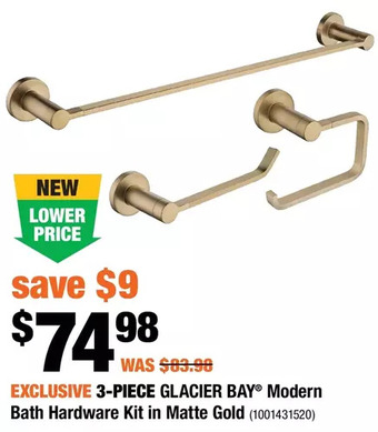 Home Depot 3-piece glacier bay modern bath hardware kit in matte gold offer