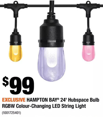 Home Depot Hampton bay 24' hubspace bulb rgbw colour-changing led string light offer