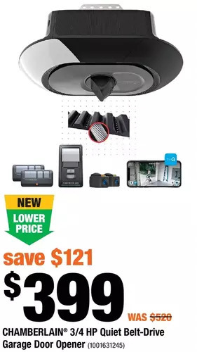 Home Depot Chamberlain 3/4 hp quiet belt-drive garage door opener offer