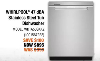 Home Depot Whirlpool 47 dba stainless steel tub dishwasher offer