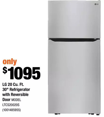 Home Depot Lg 20 cu. ft. 30" refrigerator with reversible door offer