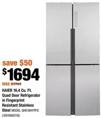 Home Depot Haier 16.4 cu. ft. quad door refrigerator in fingerprint resistant stainless steel offer