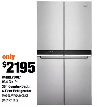 Home Depot Whirlpool 19.4 cu. ft. 36" counter-depth 4-door refrigerator offer