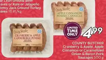Sobeys Country butcher cranberry & apple, apple cinnamon or caramelized onion & bacon pork sausages offer