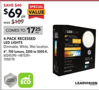 Lowe's Leadvision 4-pack recessed led lights, 4" offer
