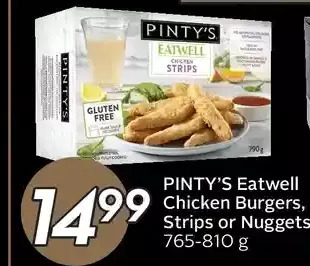 Sobeys Pinty's eatwell chicken burgers, strips or nuggets offer