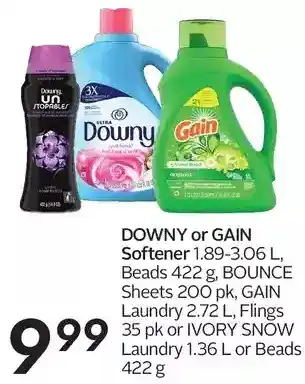 Sobeys Downy or gain softener, beads, bounce sheets, gain laundry, flings or ivory snow laundry or beads offer