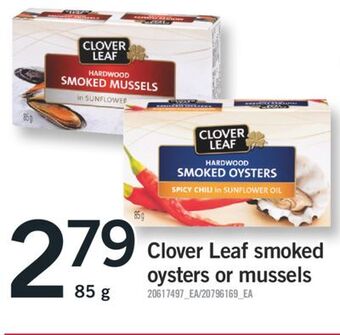 Fortinos Clover leaf smoked oysters or mussels, 85 g offer