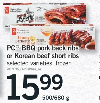 Fortinos Pc® bbq pork back ribs or korean beef short ribs, 500/680 g offer