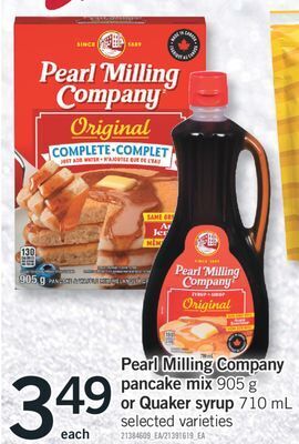 Fortinos Pearl milling company pancake mix, 905 g or quaker syrup, 710 ml offer