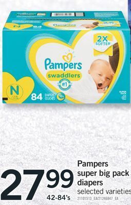 Fortinos Pampers super big pack diapers, 42-84's offer