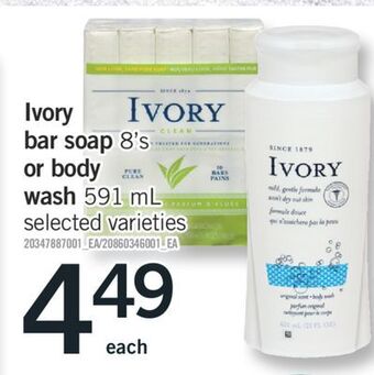 Fortinos Ivory bar soap, 8's or body wash, 591 ml offer