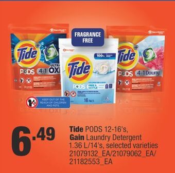 Fortinos Tide pods, 12-16's, gain laundry detergent, 1.36 l/14's offer