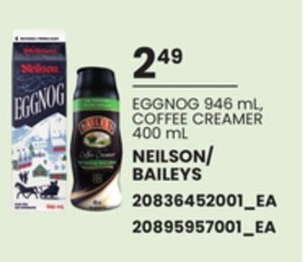 Loblaws Eggnog, 946 ml, coffee creamer, 400 ml neilson/ baileys offer