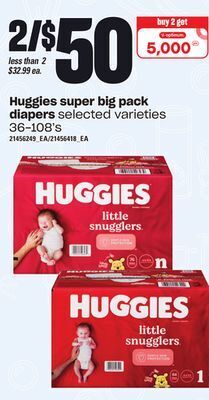 Loblaws Huggies super big pack diapers, 36-108's offer
