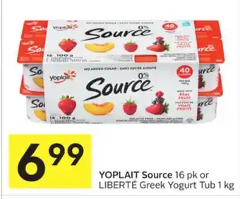 Foodland Yoplait source 16 pk or liberté greek yogurt tub 1 kg offer