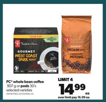 Real Canadian Superstore Pc® whole bean coffee, 907 g or pods, 30's offer
