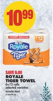 No Frills Royale tiger towel, 6=12 rolls offer