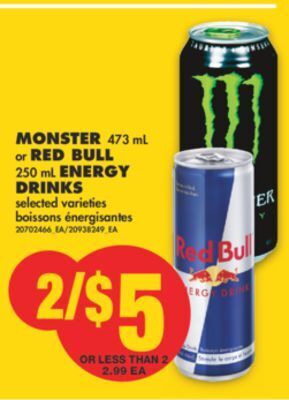 No Frills Monster, 473 ml or red bull, 250 ml energy drinks offer