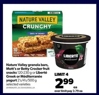 Real Canadian Superstore Nature valley granola bars, mott's or betty crocker fruit snacks, 120-230 g or liberté greek or méditerranée yogurt, 2's/4's/ offer