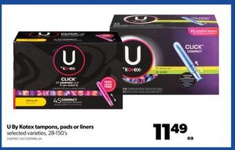 Real Canadian Superstore U by kotex tampons, pads or liners, 28-150's offer