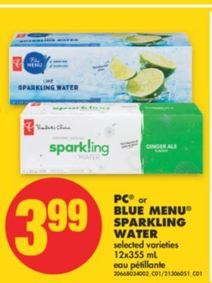 No Frills Pc® or blue menu® sparkling water, 12x355 ml offer