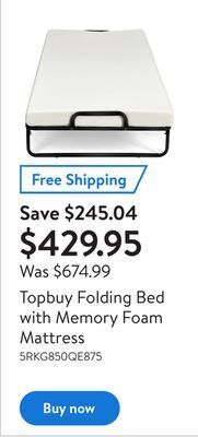 Walmart Topbuy folding bed with memory foam mattress offer