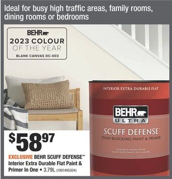 Home Depot Behr scuff defense™ interior extra durable flat paint & primer in one offer