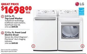 Home Hardware 5.8 cu. ft. top load washer and 7.3 cu. ft. front load electric dryer offer