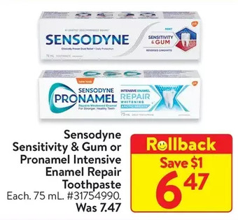 Walmart Sensodyne sensitivity & gum or pronamel intensive enamel repair toothpaste offer