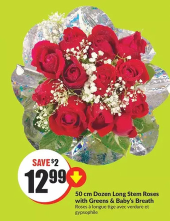 FreshCo Dozen long stem roses with greens & baby's breath offer