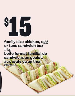 Independent Grocer Family size chicken, egg or tuna sandwich box offer