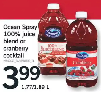 Fortinos Ocean spray 100% juice blend or cranberry cocktail offer